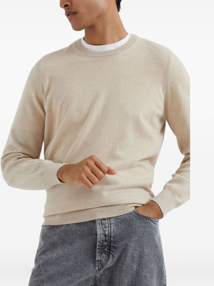 Brunello Cucinelli Beige Cashmere Sweater With Classic Crew Neckline