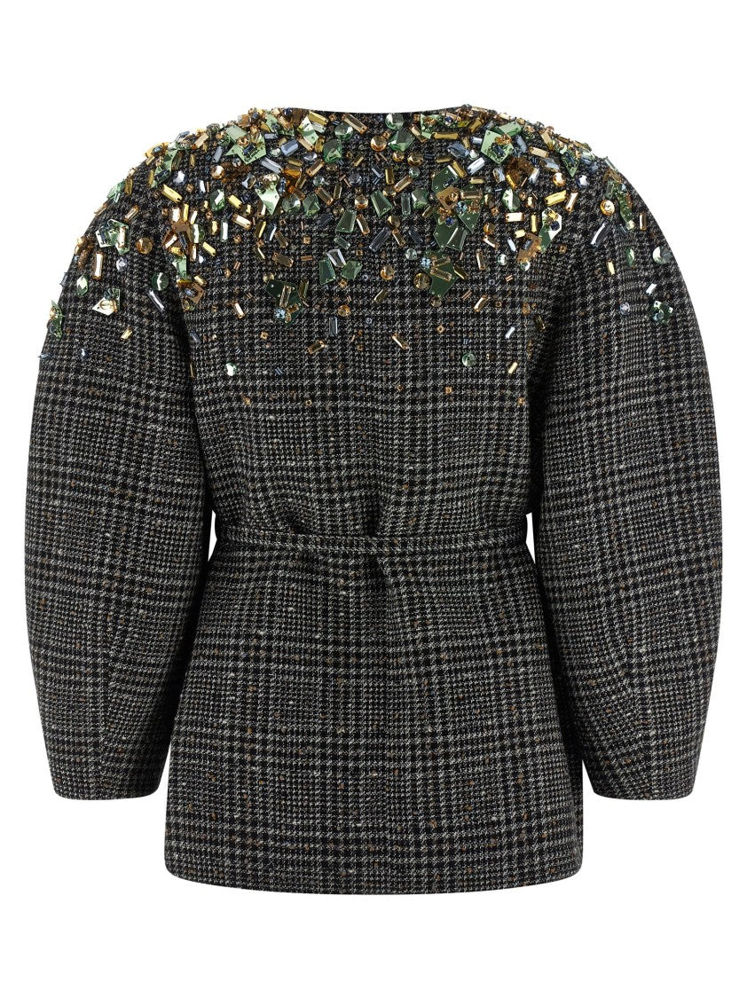 Fendi Check Wool Tweed Jacket With Crystal Embellishments