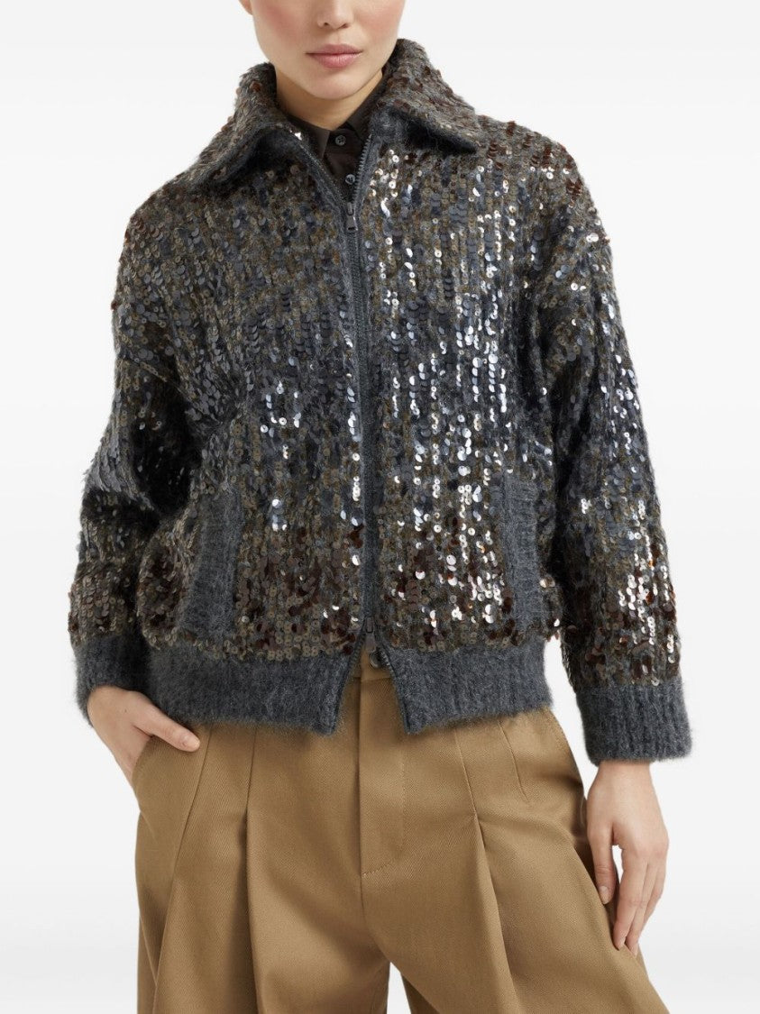 Brunello Cucinelli Textured Grey Sweater With Sequined Detailing