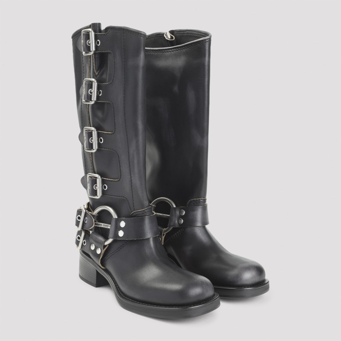 Miu Miu Tall Black Leather Boots With Adjustable Silver Buckles