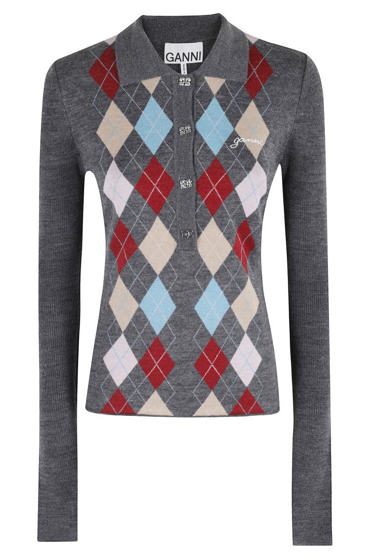 Ganni Fine Merino Jacquard Polo Sweater