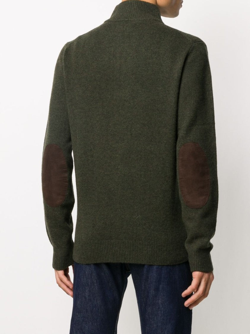 Barbour Forest Green Wool Knit Sweater With Ribbed Detailing And Button Accents