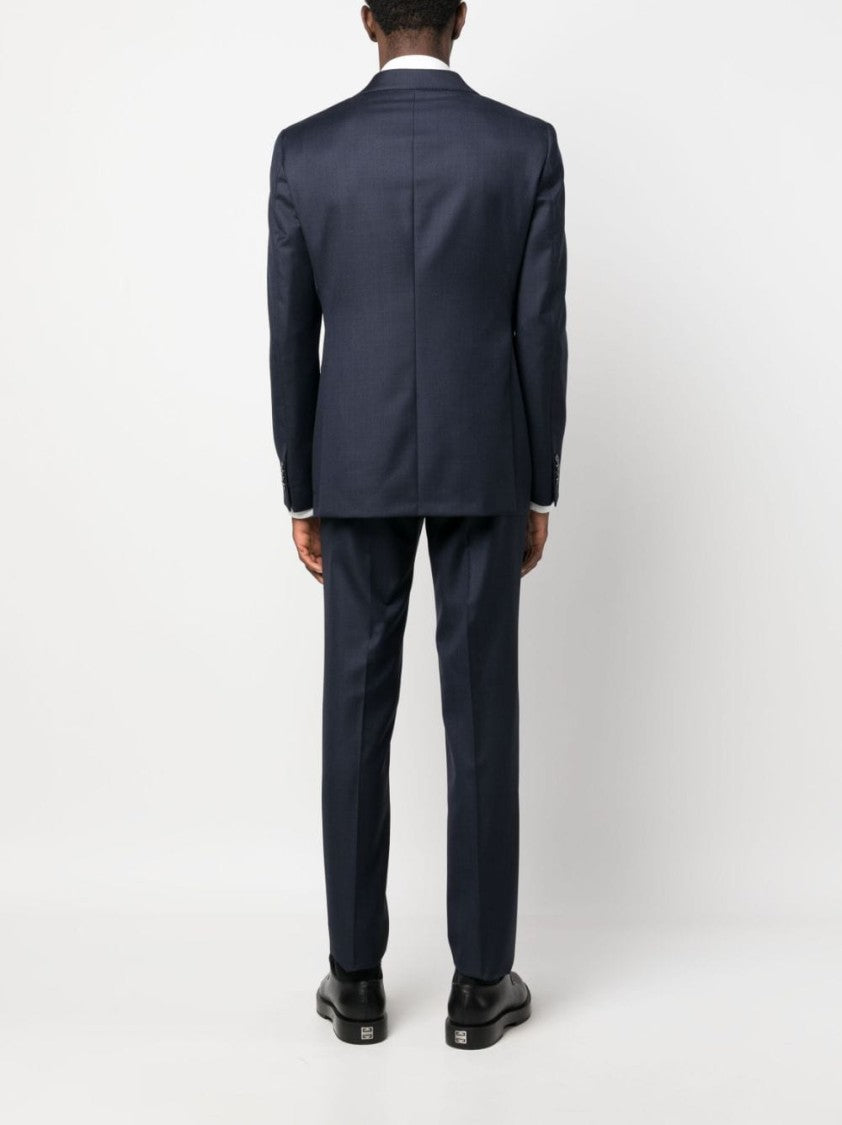 Luigi Bianchi Navy Blue Virgin Wool Tailored Suit With Brooch Detail