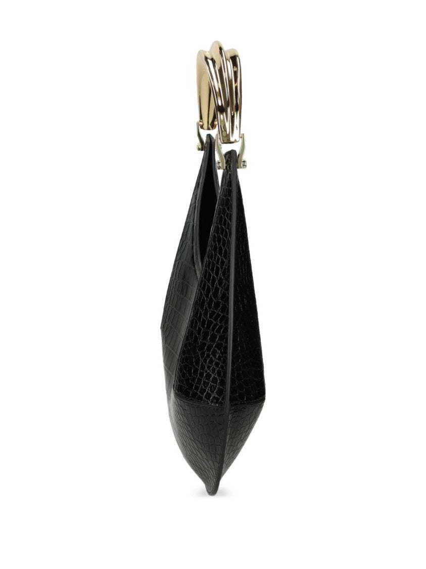 Elisabetta Franchi Crescent-Shaped Black Crocodile-Embossed Shoulder Bag