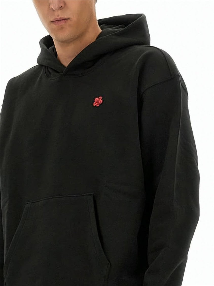 Kenzo Black Hoodie With Kangaroo Pocket And Floral Graphics