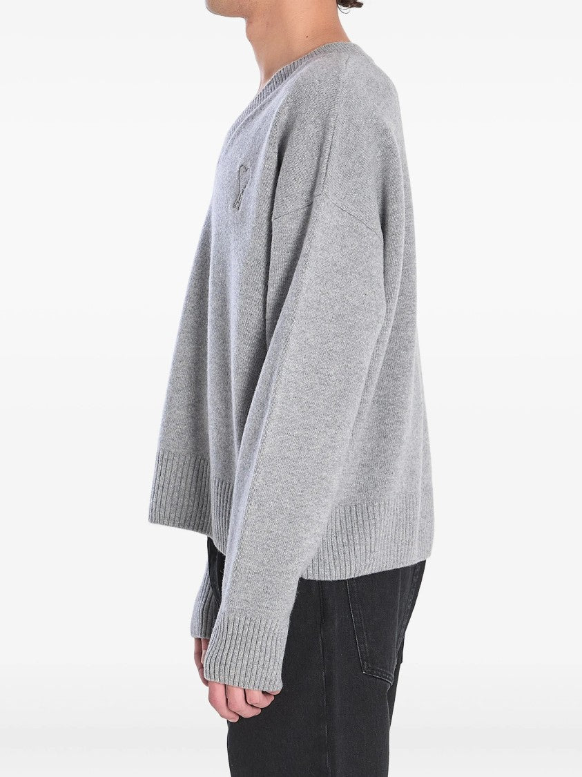 Ami V-Neck Ribbed Sweater With Embroidered Logo