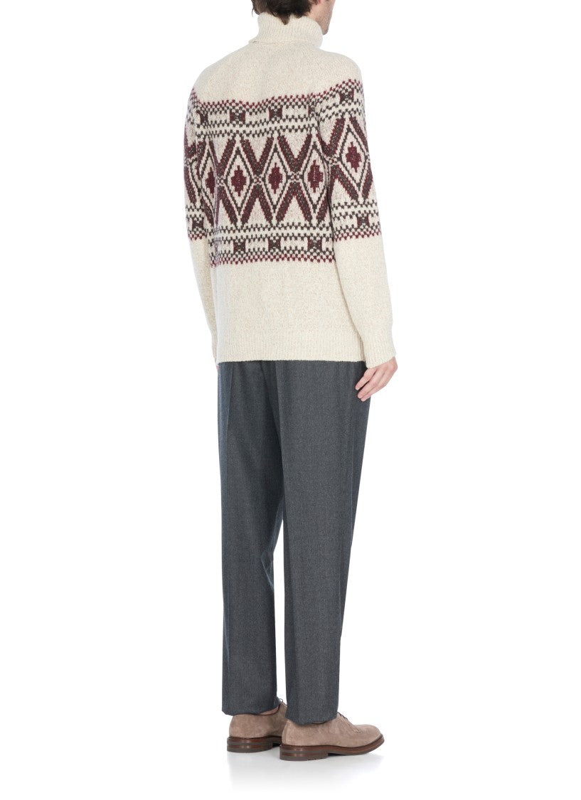 Brunello Cucinelli High Neck Beige Wool And Silk Sweater