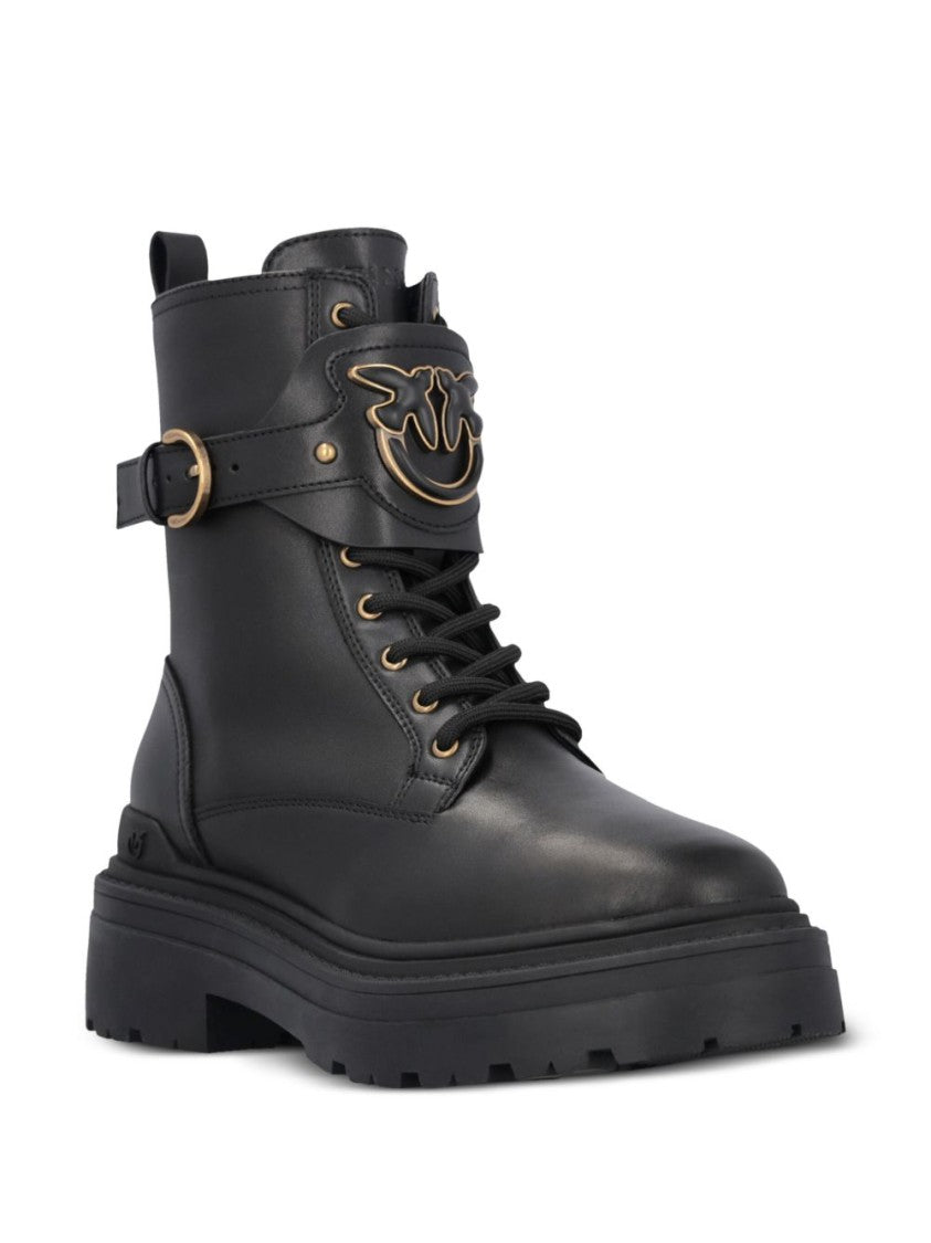 Pinko Chunky Platform Black Leather Boots With Decorative Buckle