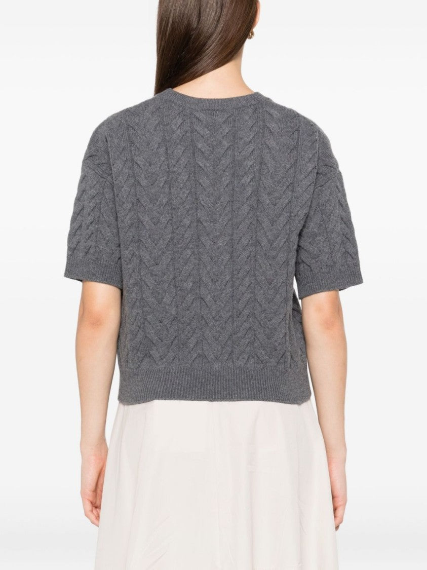 Max Mara Cropped Grey Cable Knit Sweater With Round Neckline