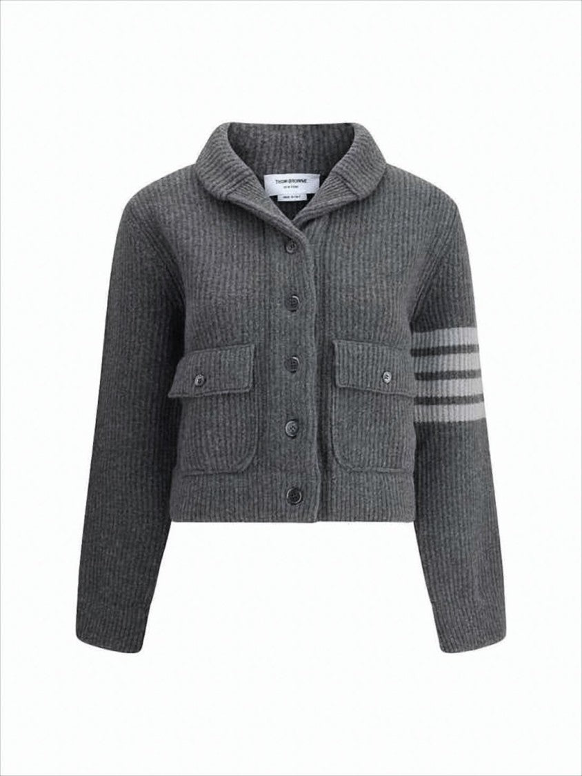 Thom Browne Cropped Ribbed Knit Cardigan With Classic Collar And Striped Detail
