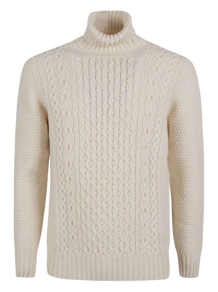 Drumohr Textured Off-White Lambswool Turtleneck Sweater