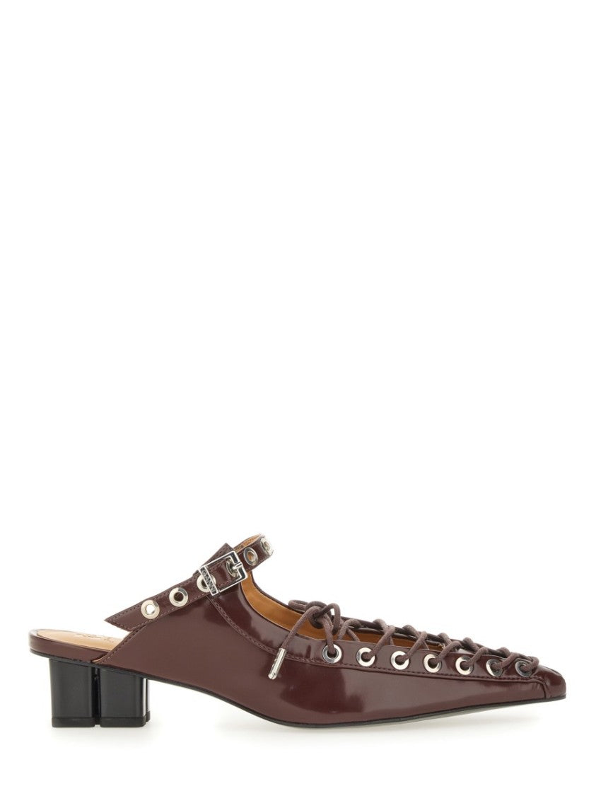 Ganni Burgundy Lace-Up Mules