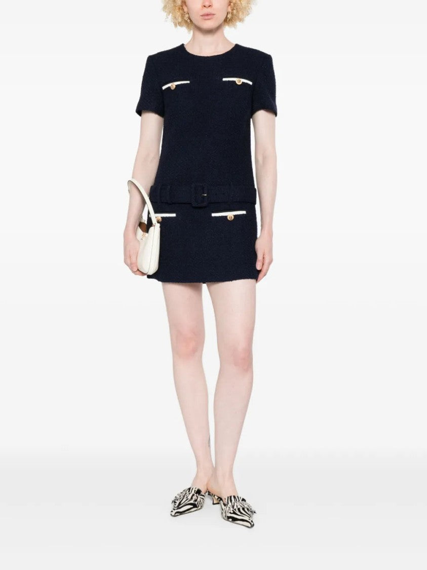 Self-Portrait Textured Bouclé Mini Dress With Fitted Silhouette And Belted Waist