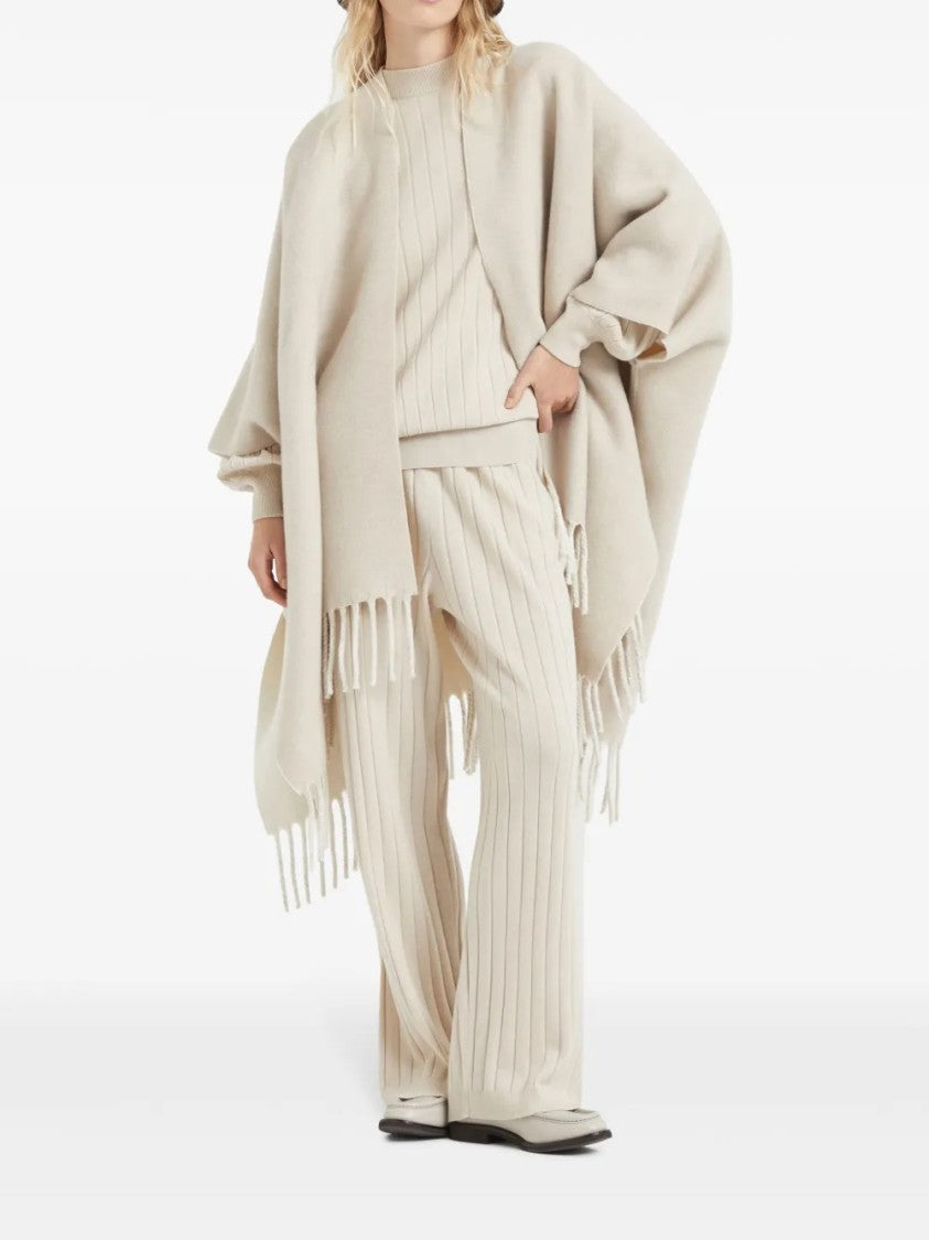 Brunello Cucinelli Wide-Leg Beige Trousers With Ribbed Knit Texture