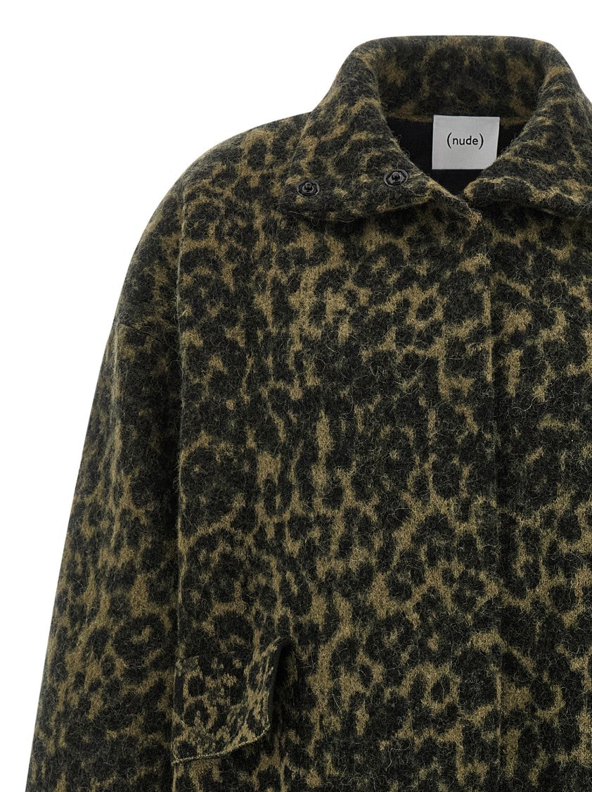 Nude Long Animal Print Wool Blend Coat