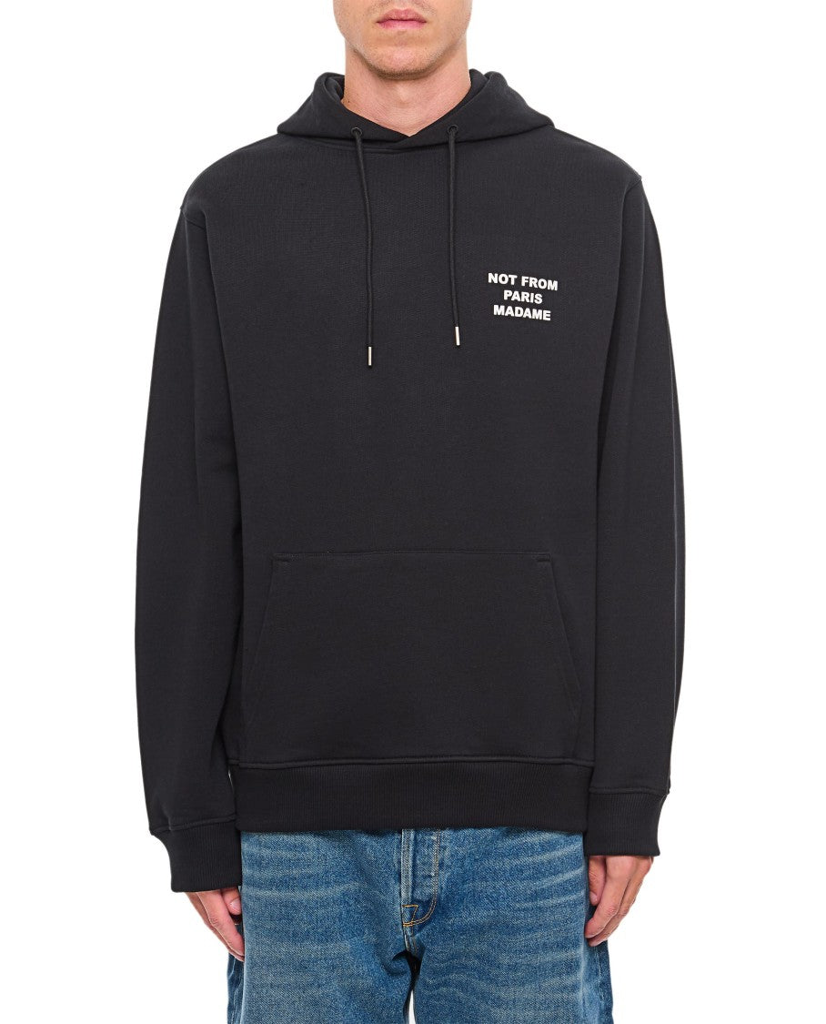 Drôle De Monsieur Classic Black Hoodie With Adjustable Drawstring And Bold Slogan