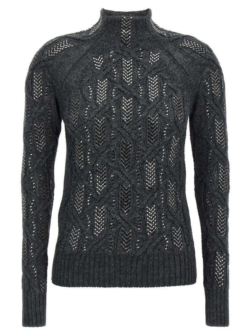Ermanno Scervino Crystal Appliqué Braided Sweater With High Neckline