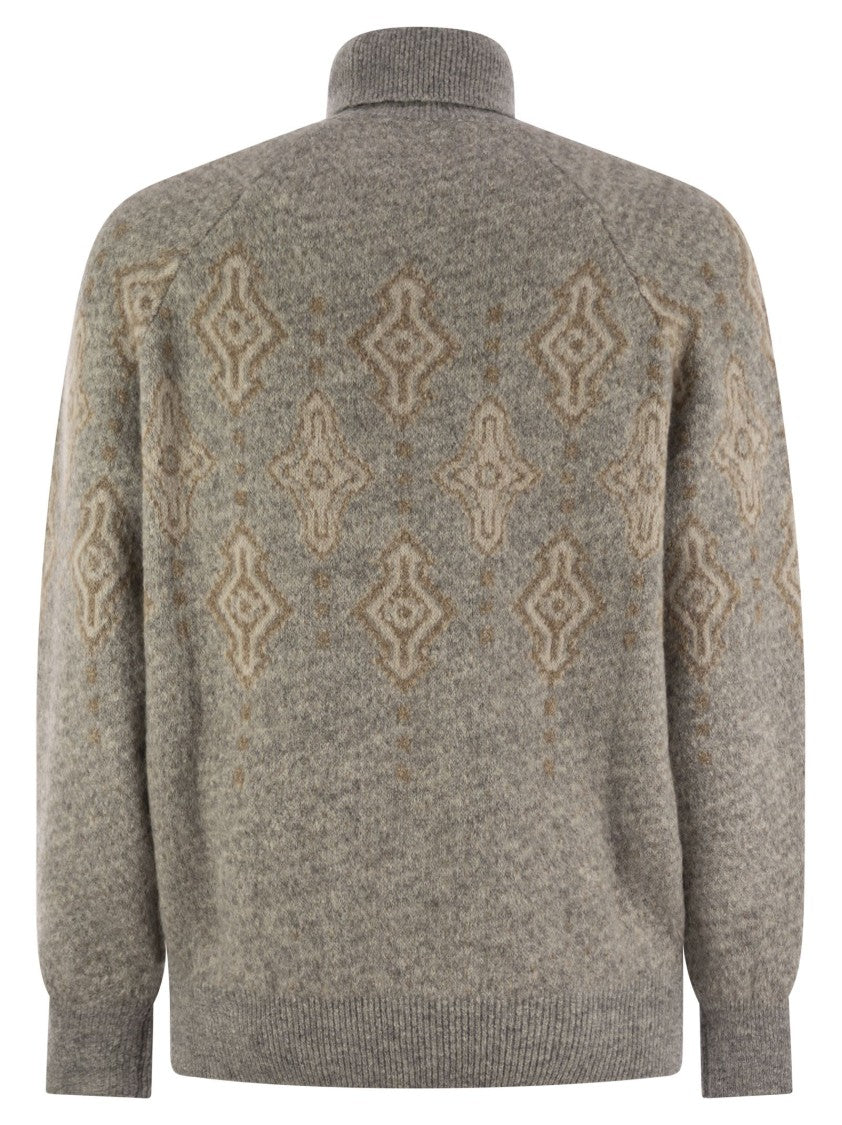 Brunello Cucinelli Geometric Jacquard Turtleneck Sweater In Alpaca, Cotton