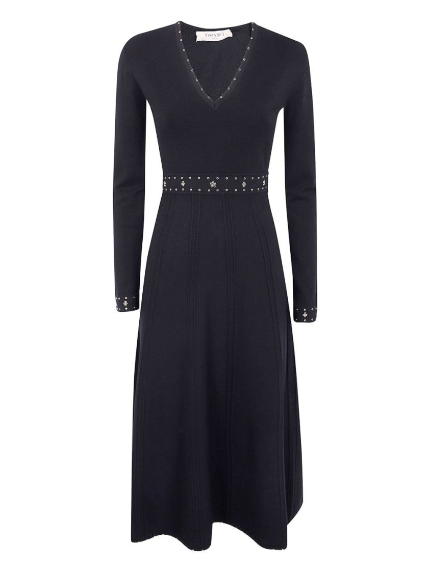 Twin-Set V-Neck Midi Dress With Flared Skirt