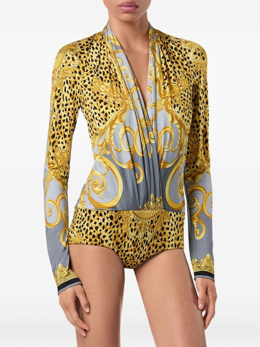 Versace Baroque-Print Deep V-Neck Bodysuit