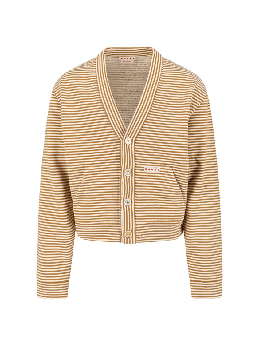 Marni Cropped Cardigan Sweater With Horizontal Stripes And Logo Detail