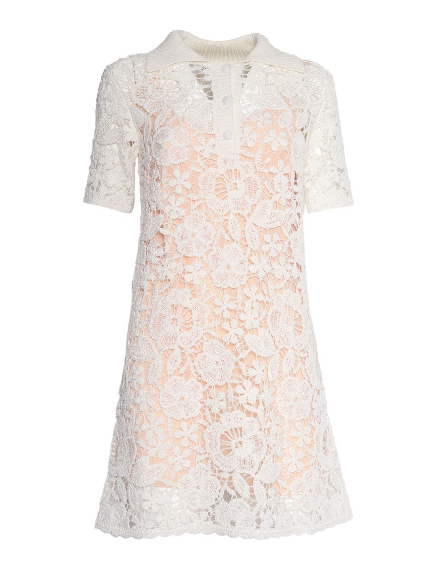 P.A.R.O.S.H. Short Sleeve Lace Overlay Dress With Polo Collar