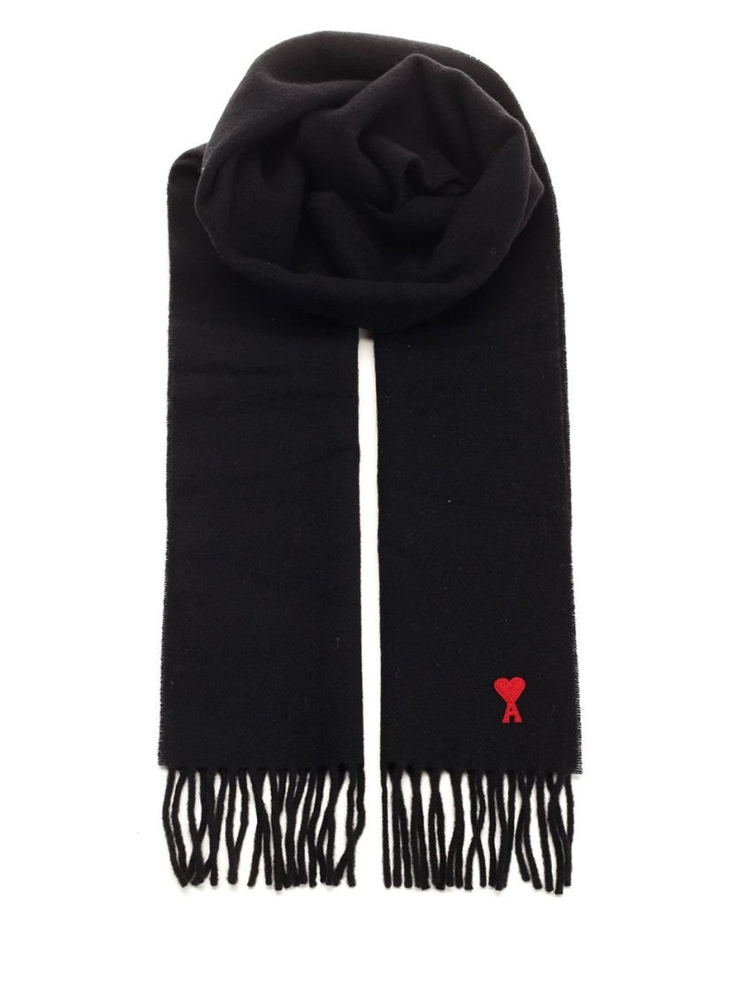 Ami Rectangular Wool Scarf With Fringed Ends