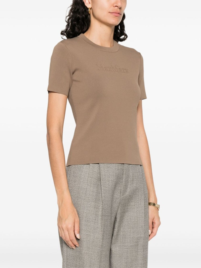 Max Mara Ribbed Knit Short-Sleeved Top With Embossed Logo