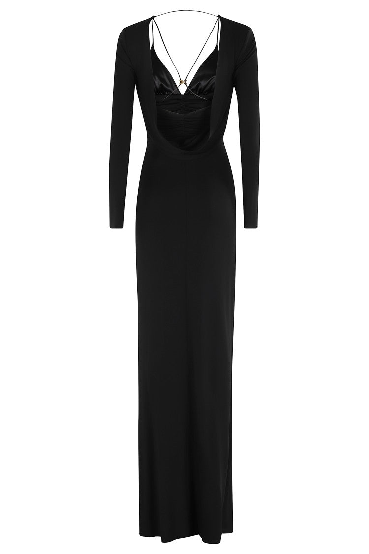 Elisabetta Franchi Draped Black Maxi Dress With Deep Neckline