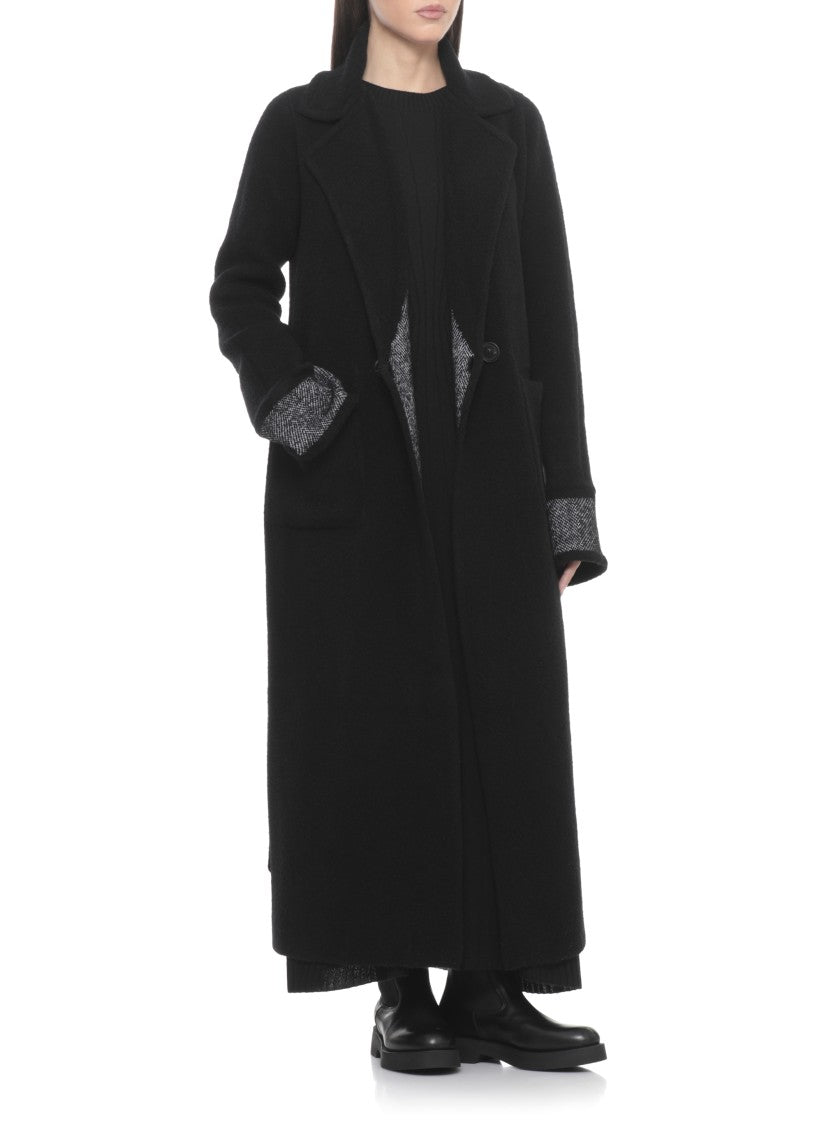 D. Exterior Black Wool Double-Breasted Coat