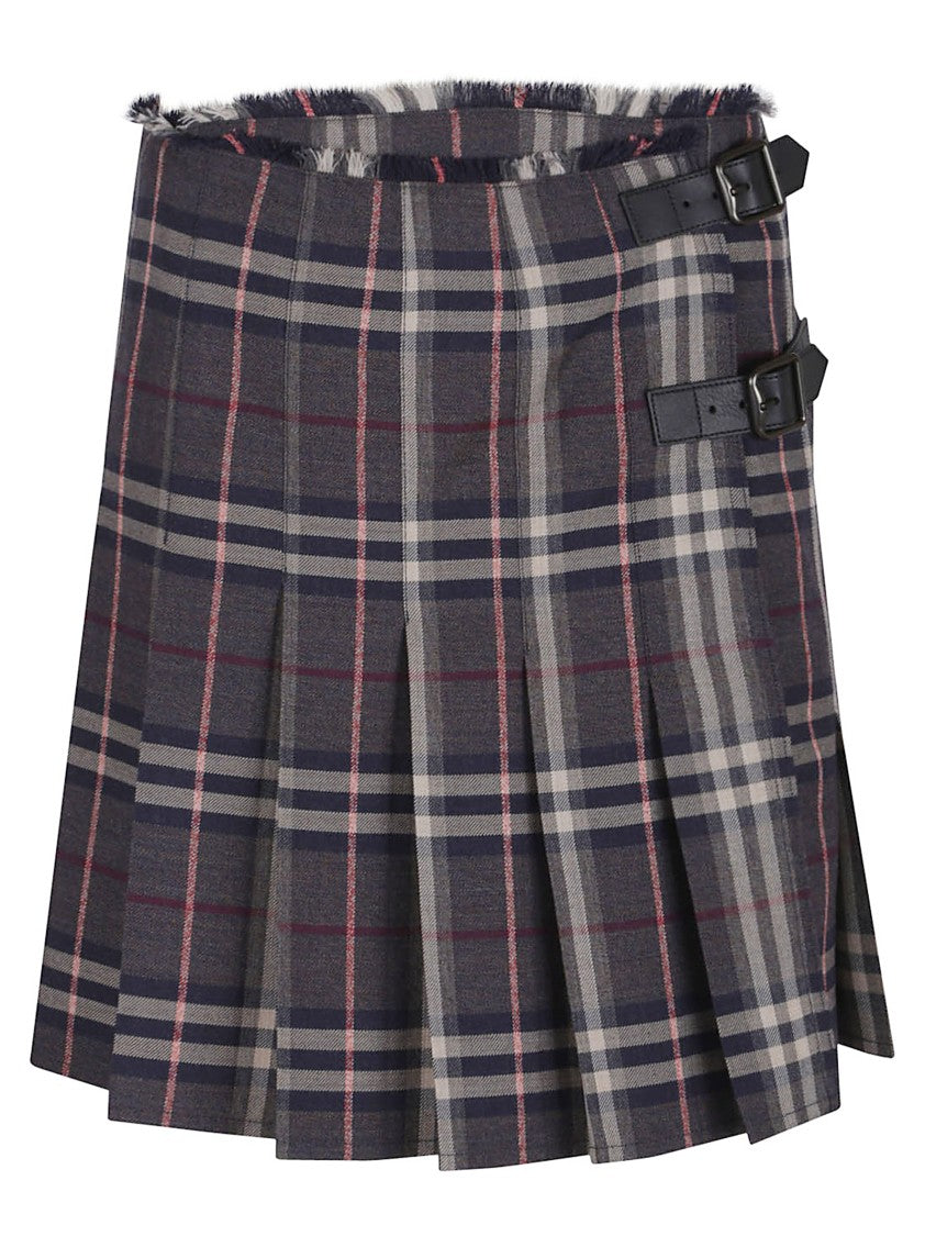 Burberry Woven Wool Mini Kilt Skirt With Flared Silhouette And Burberry Check
