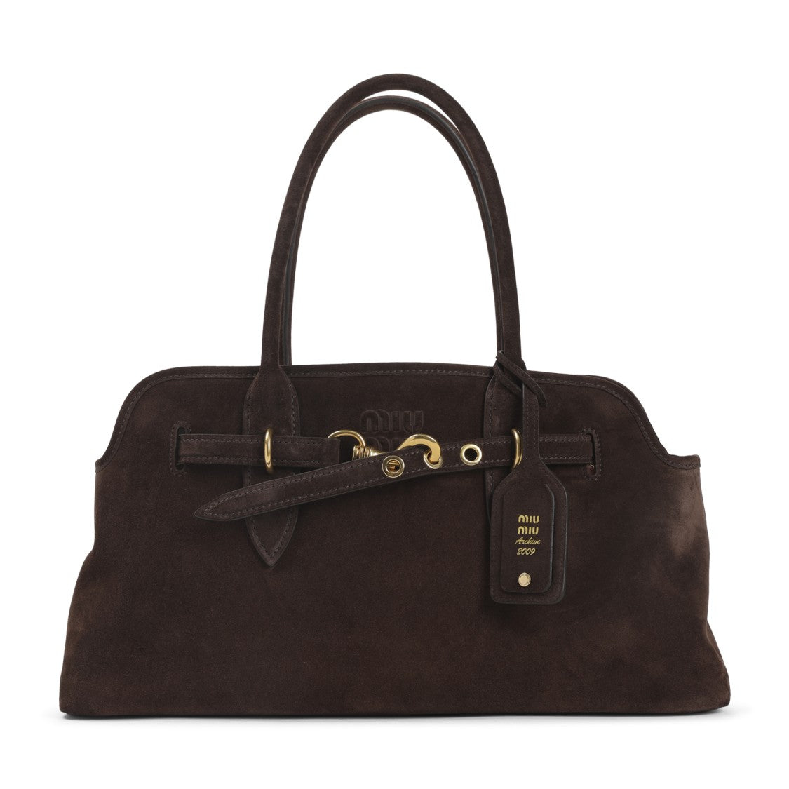 Miu Miu Structured Suede Handbag With Gold Hardware