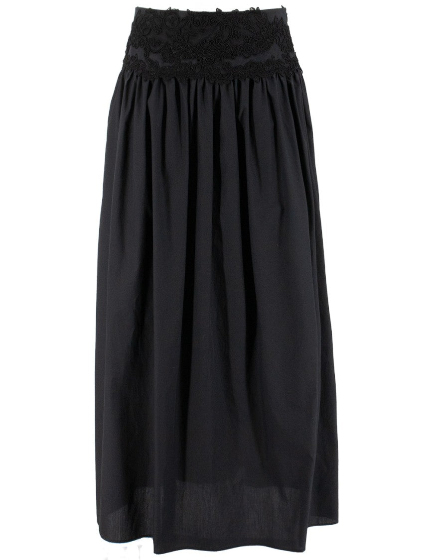 Ermanno Scervino Floral Lace Waistband Flowing Black Cotton Maxi Skirt