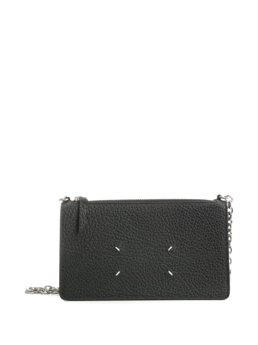 Maison Margiela Textured Black Wallet With Silver Chain And Unique Stitching