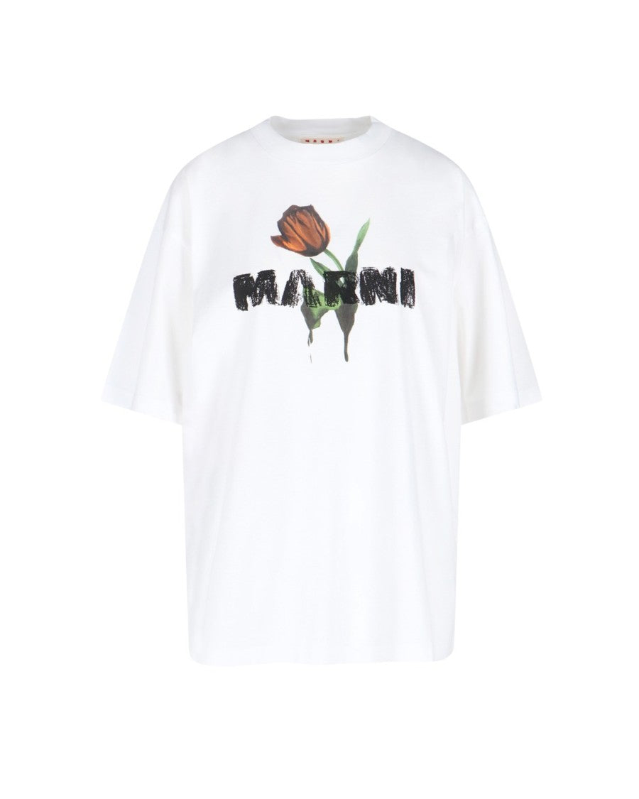 Marni White Cotton T-Shirt With Tulip Print