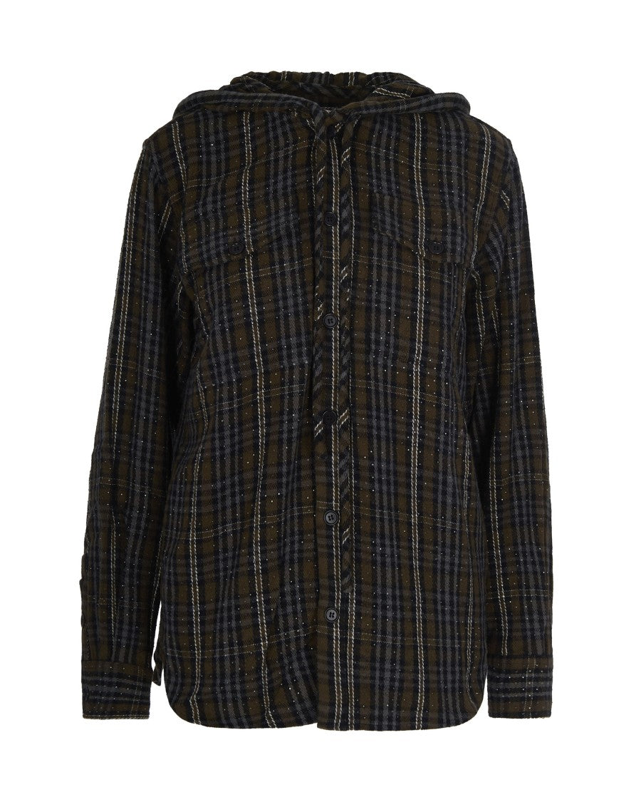 P.A.R.O.S.H. Olive Green Tartan Pattern Shirt With Hood And Sequin Accents