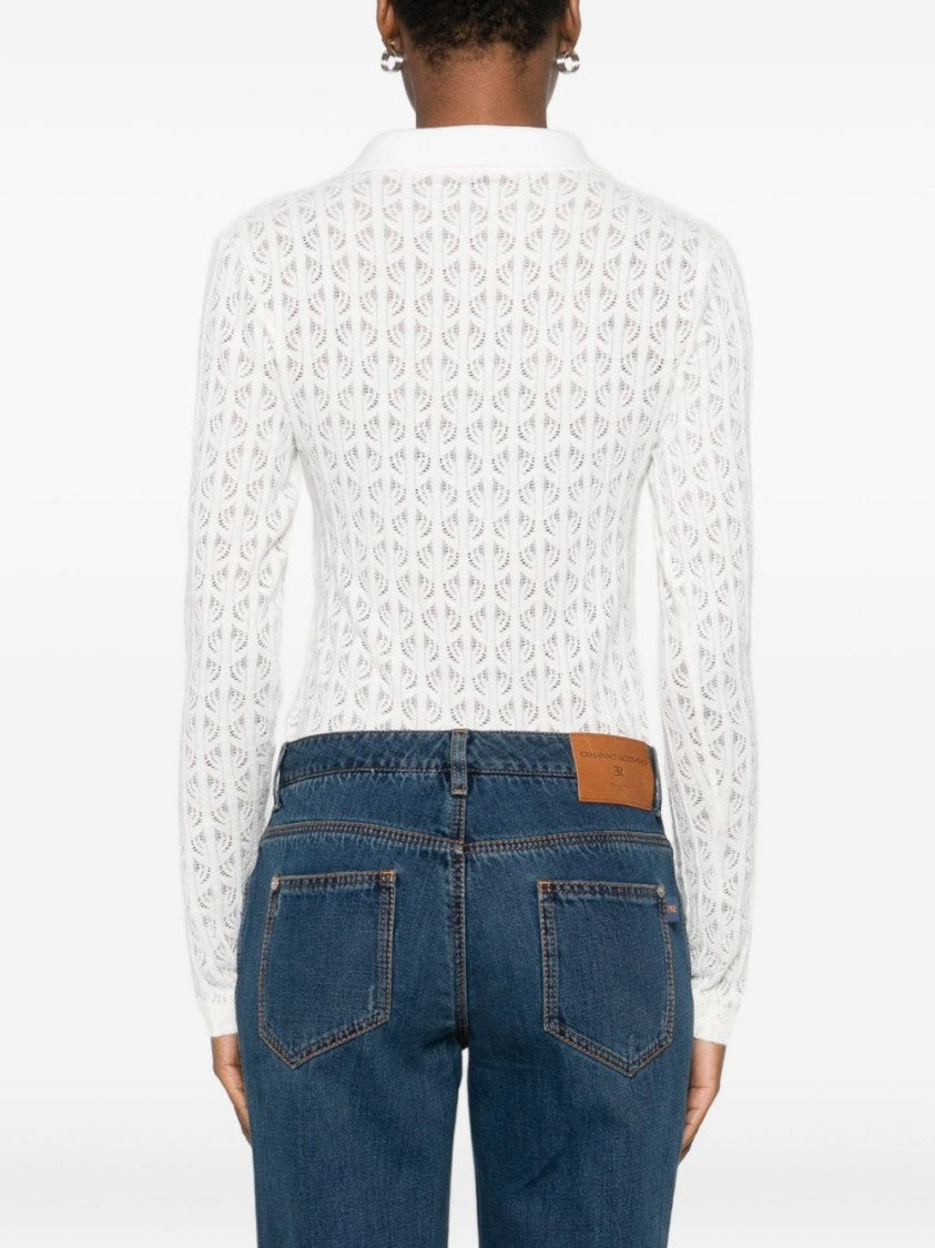 Pinko Open-Knit Long-Sleeved Top With Polo Collar
