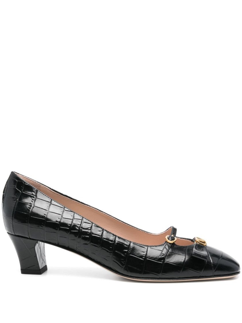 Valentino Garavani Bow Detail Black Crocodile-Embossed Leather Heels
