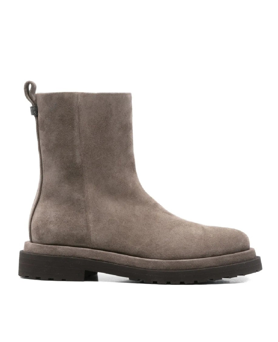 Brunello Cucinelli Rounded Toe Suede Ankle Boots With Side Zipper