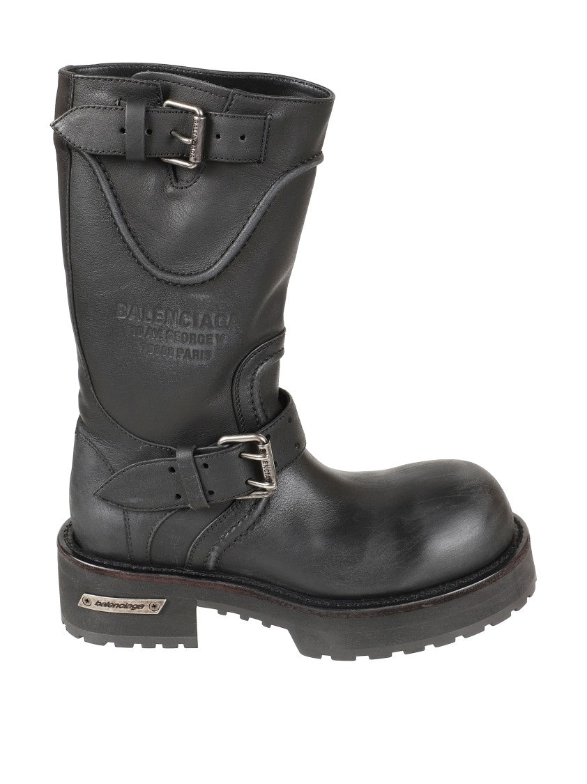 Balenciaga Mid-Calf Black Leather Boots With Adjustable Buckle Straps
