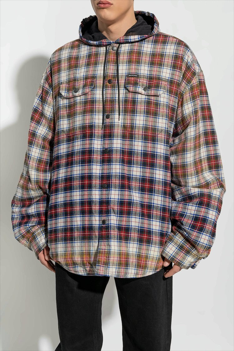 Balenciaga Bleached Plaid Hooded Long Sleeve Shirt