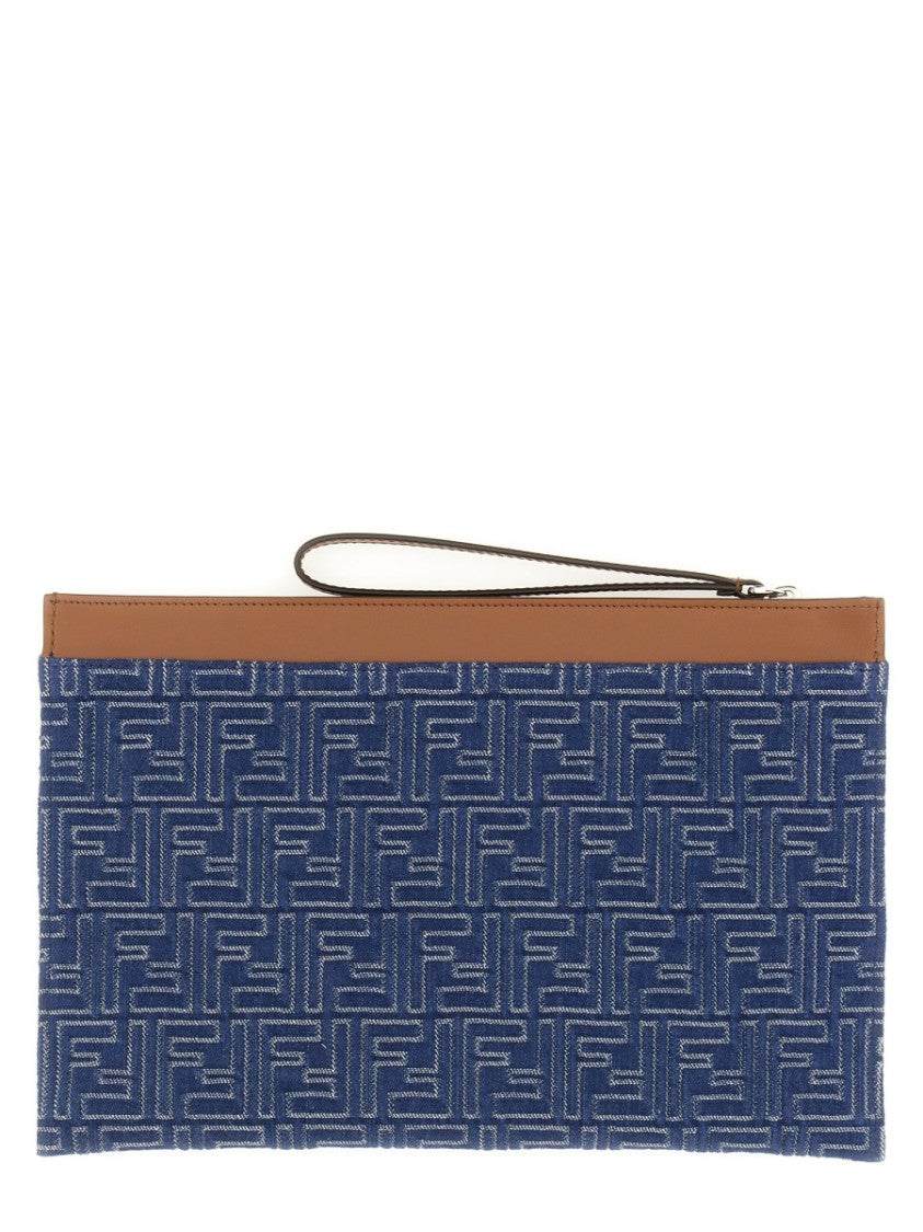 Fendi Textured Cotton Medium Flat Pouch With Zipper Closure