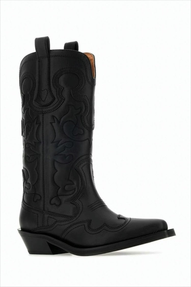Ganni Mid-Calf Leather Boots With Tonal Embroidery And Angled Heel
