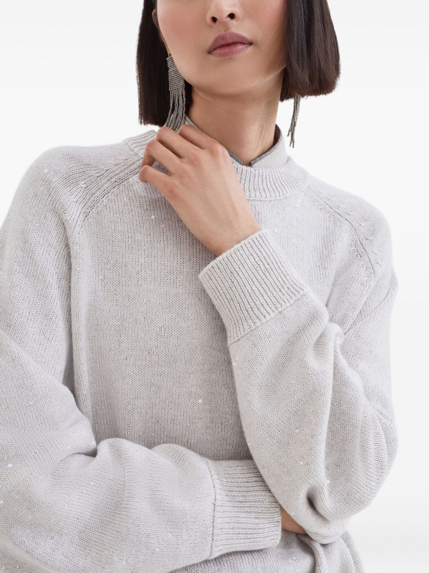 Brunello Cucinelli Knit Grey Sweater With Relaxed Fit And Long Sleeves