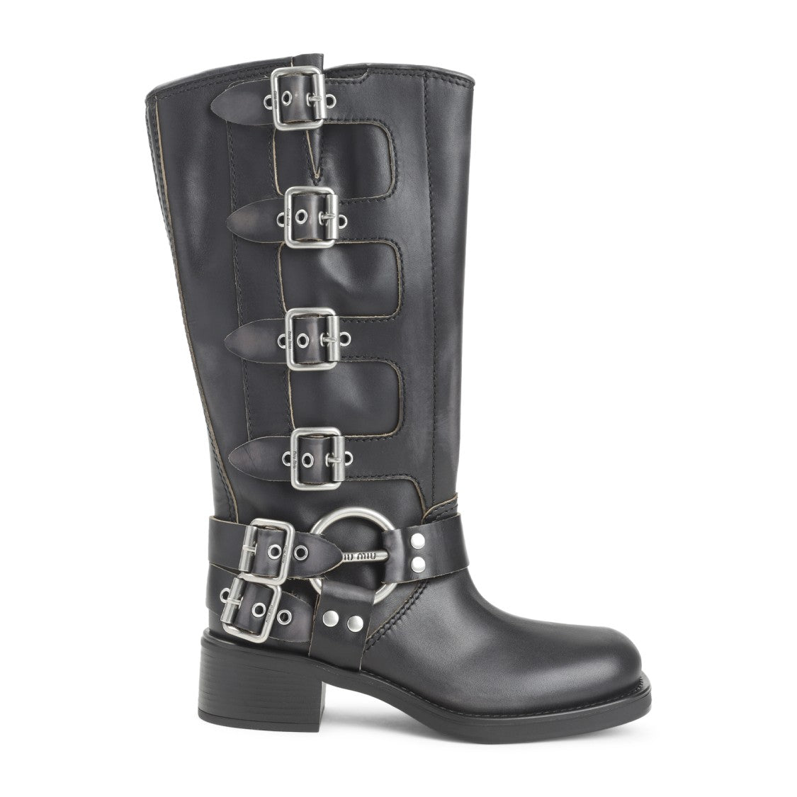 Miu Miu Tall Black Leather Boots With Adjustable Silver Buckles