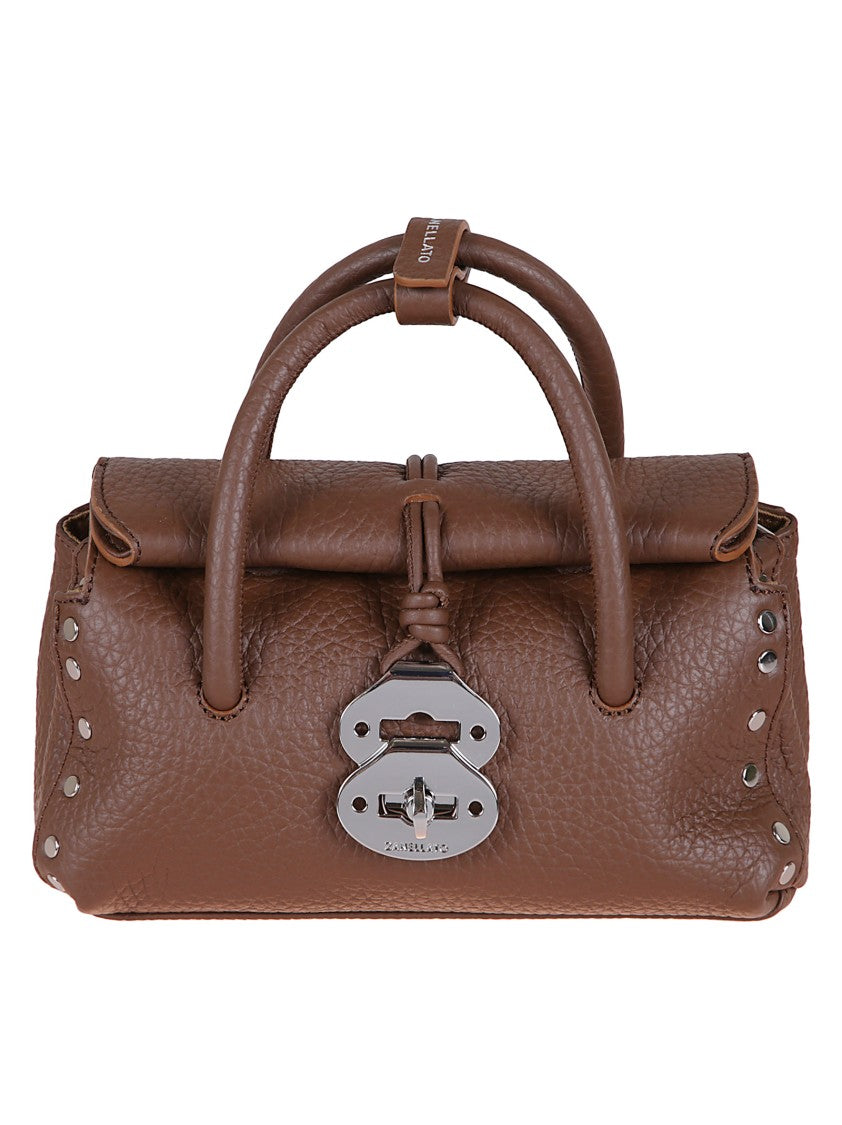 Zanellato Hammered Leather Shoulder Bag With Twist Lock And Studded Accents