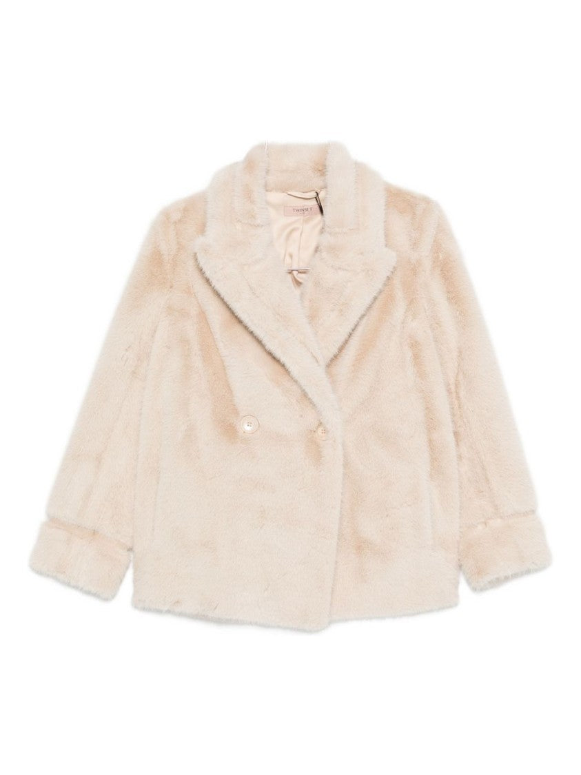 Twin-Set Double-Breasted Plush Coat With Wide Lapels