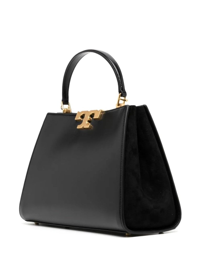 Tory Burch Structured Black Leather Satchel With Suede Panel