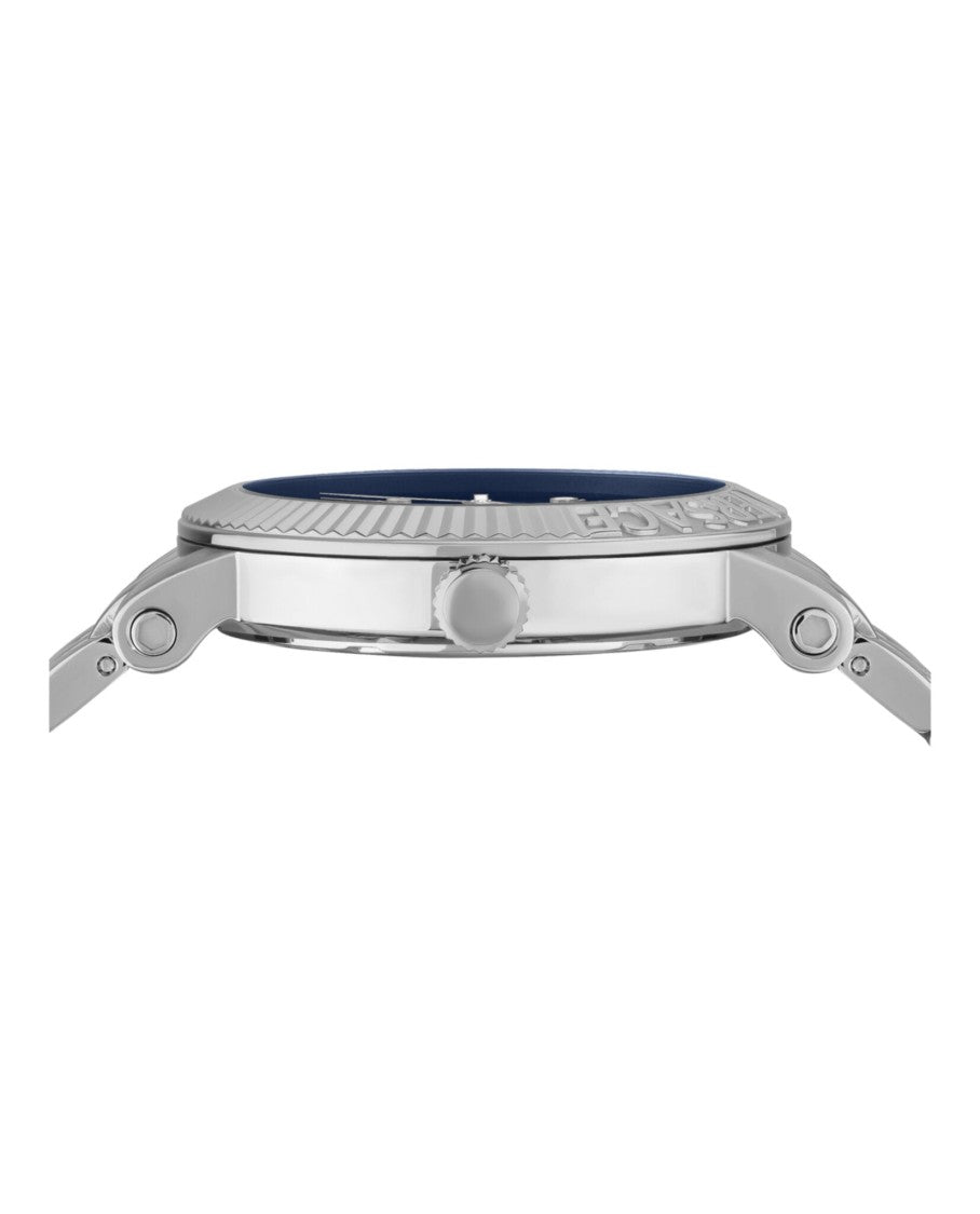 Versace Classic Date Quartz Watch With Blue Guilloche Dial