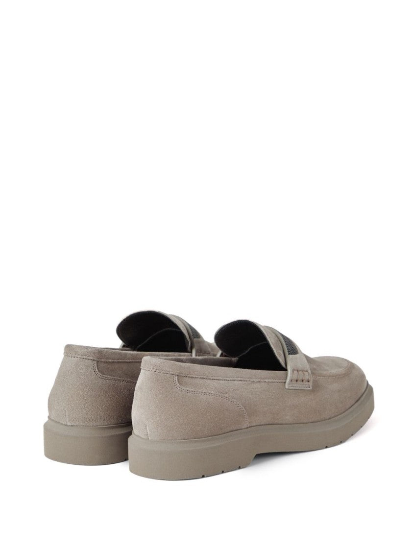 Brunello Cucinelli Beige Suede Moccasin With Crystal Embellishment
